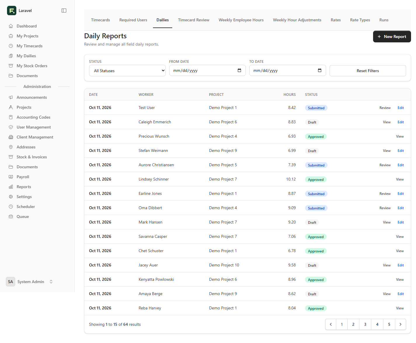 Fieldjig daily reports page with report status, worker, project, and hours.