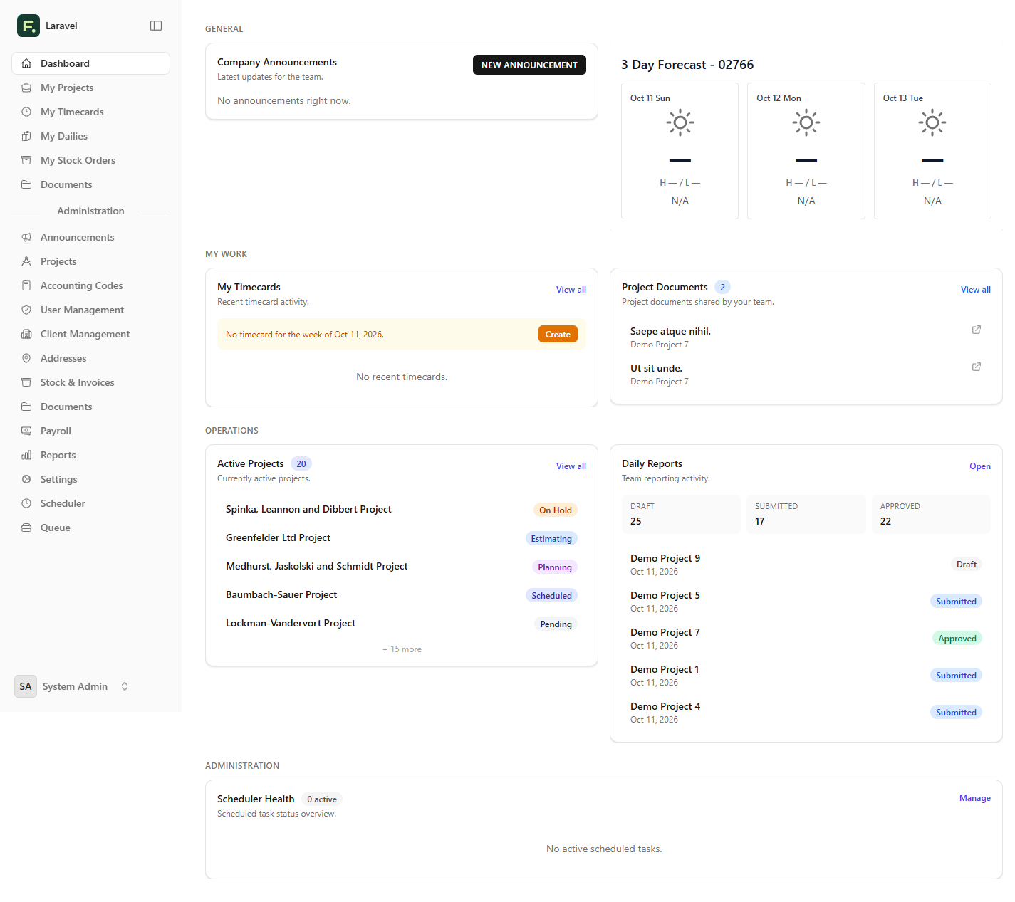 Fieldjig dashboard with announcements, weather, timecards, project documents, active projects, and daily reports.