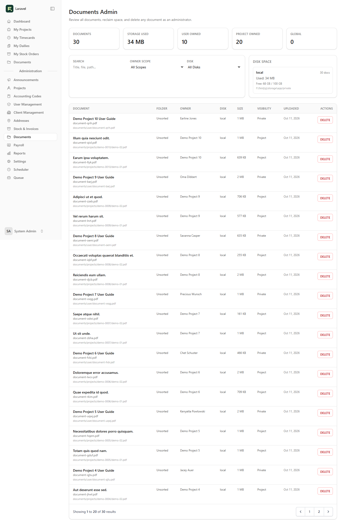 Fieldjig documents administration page with storage details and a document list.