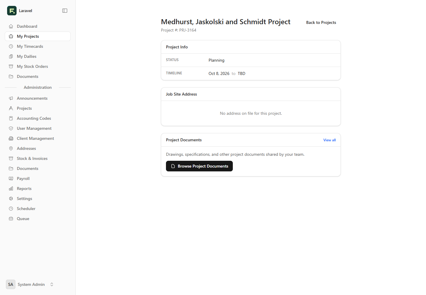 Fieldjig project details page with project info, timeline, and project documents.