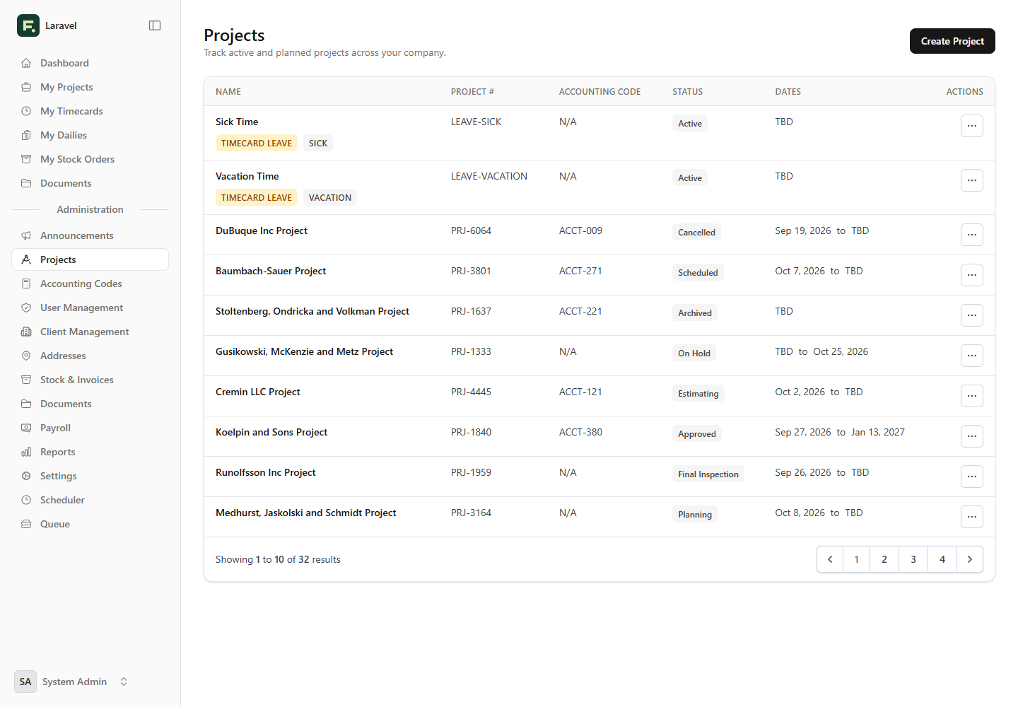 Fieldjig projects list with project names, status, dates, and actions.
