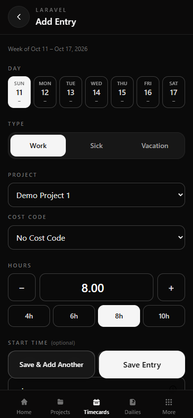 Fieldjig mobile timecard entry screen with day, work type, project, and hours fields.