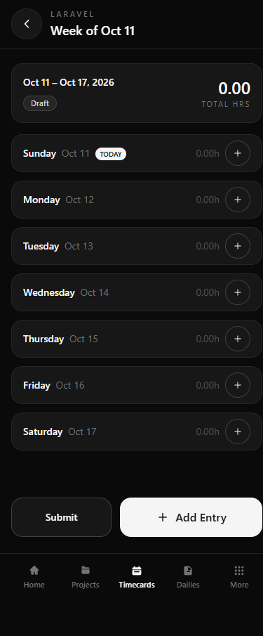 Fieldjig mobile timecards view showing the week and daily hour entries.