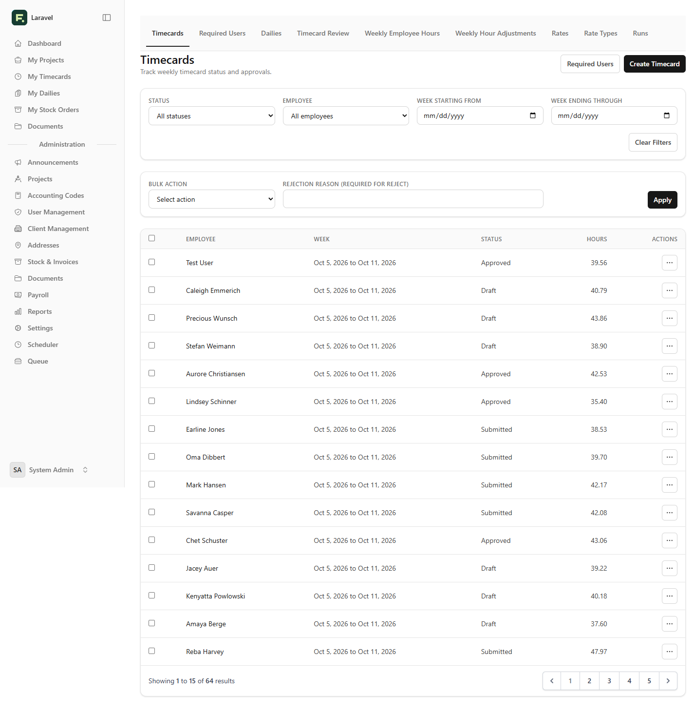 Fieldjig timecards page with filters, approval actions, and weekly employee hours.